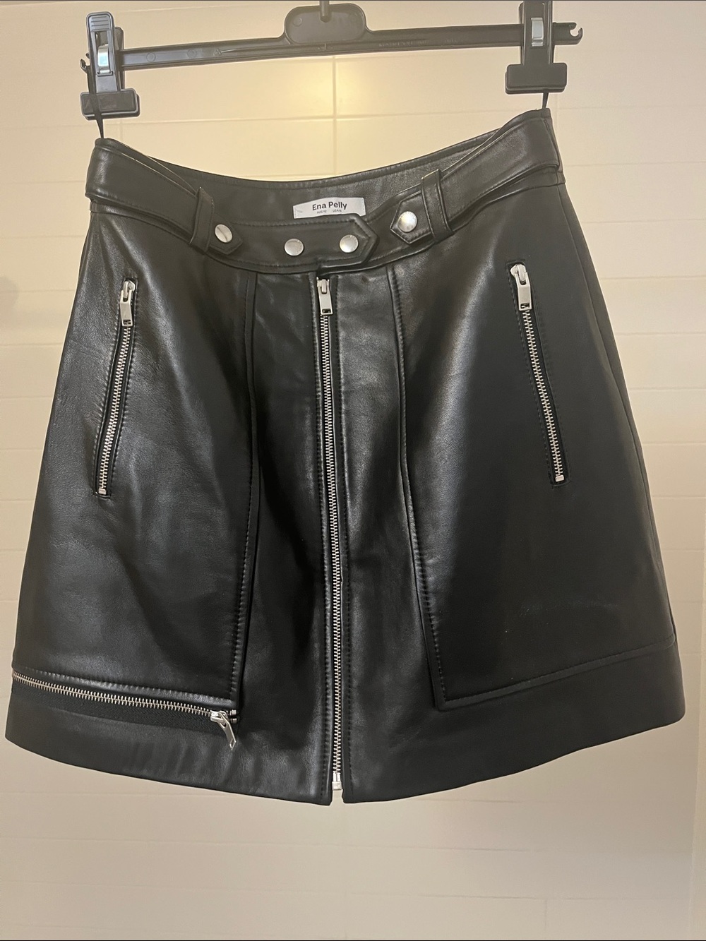 Ena Pelly Black Faux Leather A-Line Skirt with Silver Zippers